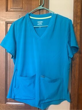 Landau Teal Scrub Top with Yellow Trim